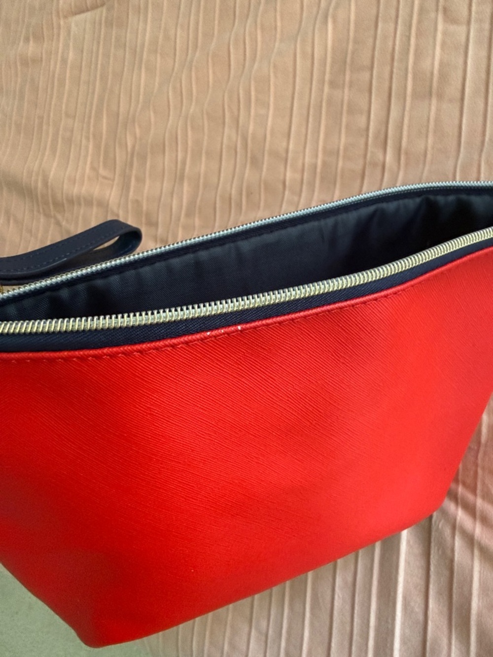 Dabney Lee Red Zip Wristlet with Navy Strap toiletries Travel Bag or Make Up Bag - Picture 8 of 9